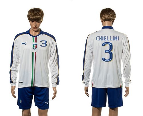 Italy #3 Chiellini White Away Long Sleeves Soccer Country Jersey - Click Image to Close